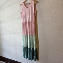 Lands’ End Pink Green Colorblock Tiered Maxi Dress Sleeveless Size M 10-12