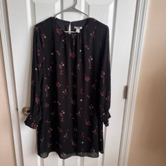 H&M Floral Print Long Sleeve Mini Dress Button Cuff Black Size 10