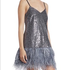 Cinq à Sept Silver Sequin Feather Hem V-Neck Strappy Mini Dress Zip Size 2