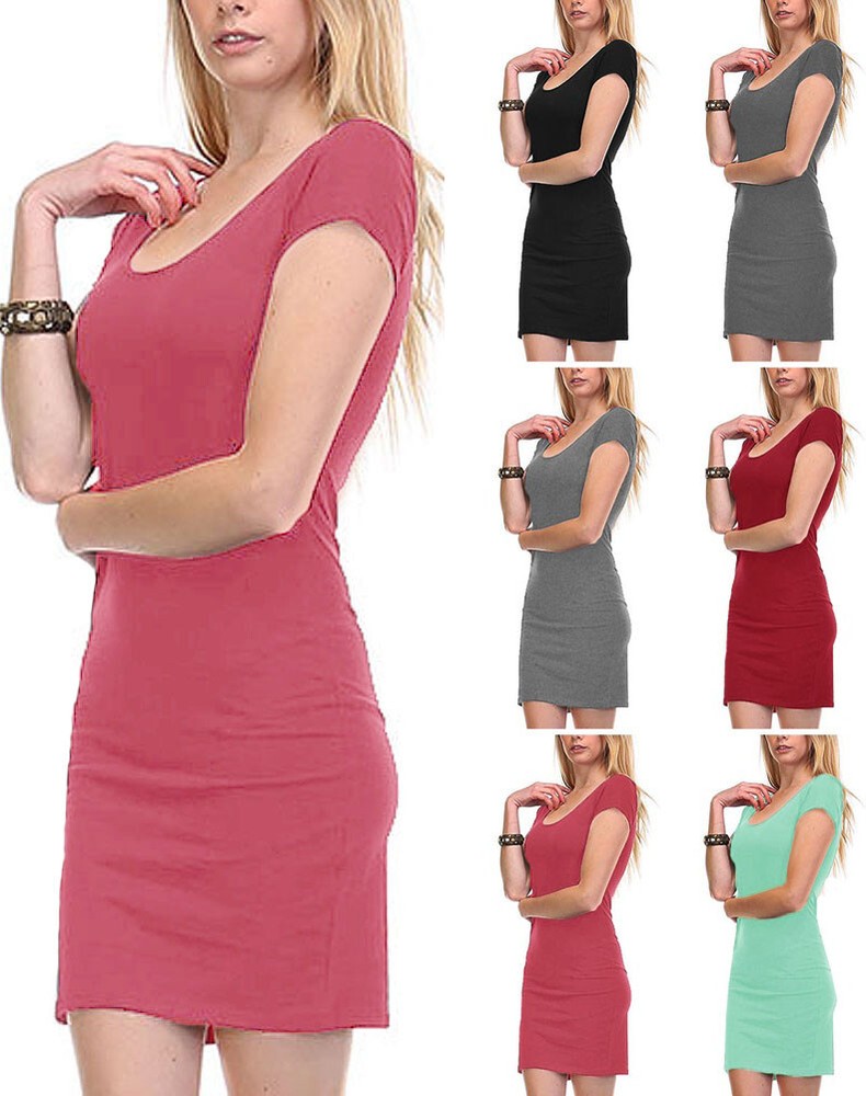 Basic Scoop-Neckline Short Sleeve Dress/Long Top Sz.S ~ L