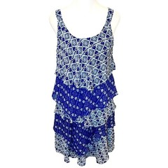 ‘Bethany’ Vintage 90s Ruffle Tiered Blue and White Print Slip On Dress Size 6P
