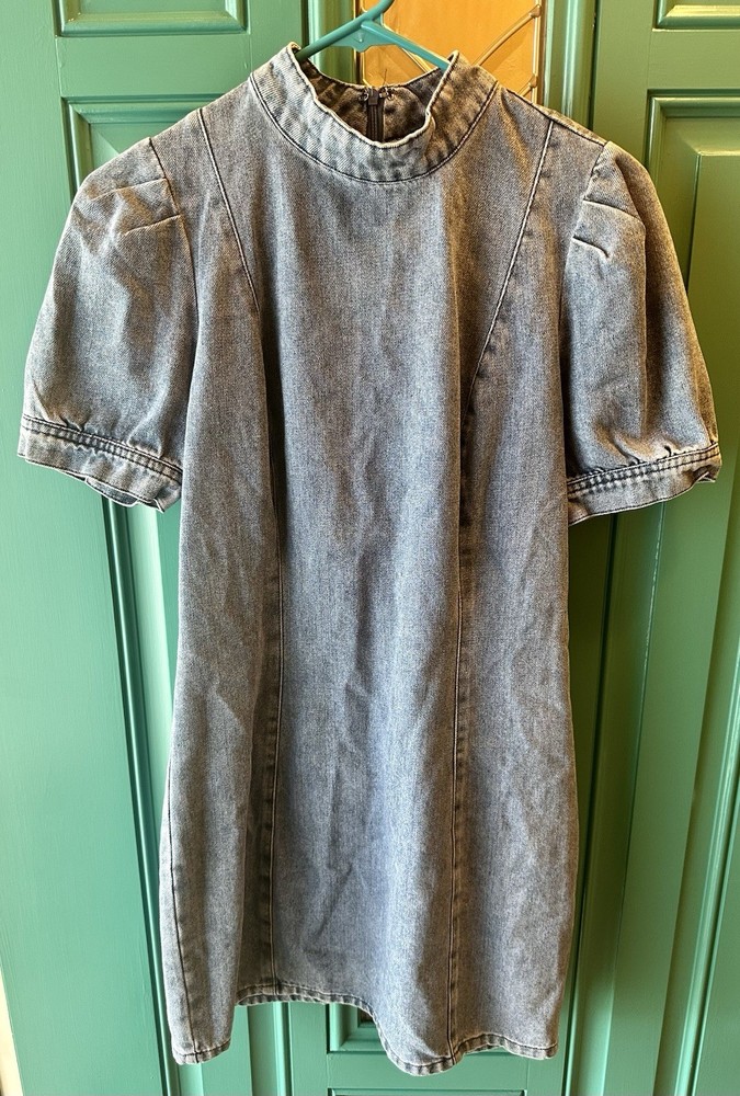 Lulus Wonderful Day Acid Wash Denim Puff Sleeve Mock Neck Mini Dress Small
