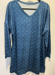 Blue w/White Polka Dot Long Sleeve V-Neck Dress Drop Shoulder Size XL