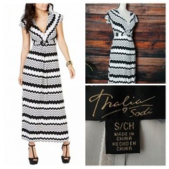 Thalia Sodi Maxi Dress S White Black Zig Zag Striped Flutter Sleeve Tie Back NWT