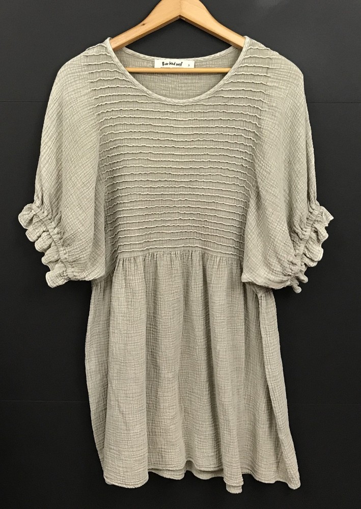 Three Bird Nest Quinn Puff Sleeve Mini Dress Faded Green Size S