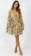 O.P.T. Women&rsquo;s Floral Ruffle Mini Dress Size Large Long Sleeve Boho Tiered NWT