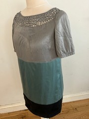 Y2K Coast Women&rsquo;s Mini Dress Size 14 Grey Teal Short Sleeve Silk *flaw*