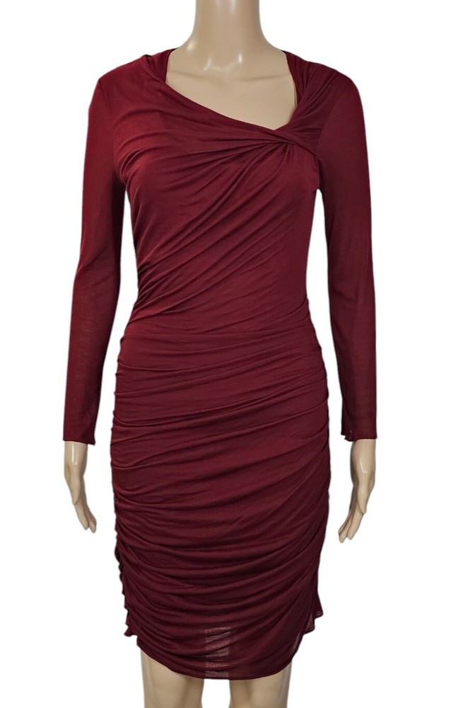 HELMUT LANG for Intermix Burgundy Asymmetric Ruched Jersey Knit Sheath Dress S