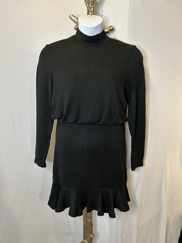 City Studio Black Mock Turtleneck Textured Knit Dress w/Silver Ring Pull Size L