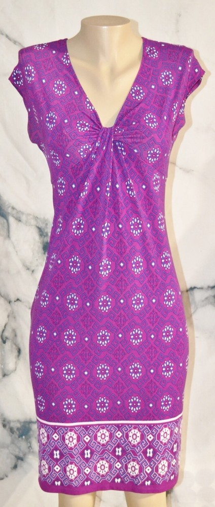 CHAPS Berry Blue Beige Patterned Dress Small Slight Cap Sleeve Twist Bust