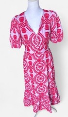 Adelyn Rae Luisa S lilac Red Floral Embroidered V-Neck Puff Sleeve Midi Dress S