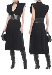 IRO Paris Hurray Ruffle Trimmed V Neck Black Midi Dress EU 40 US 8 Luxury $495