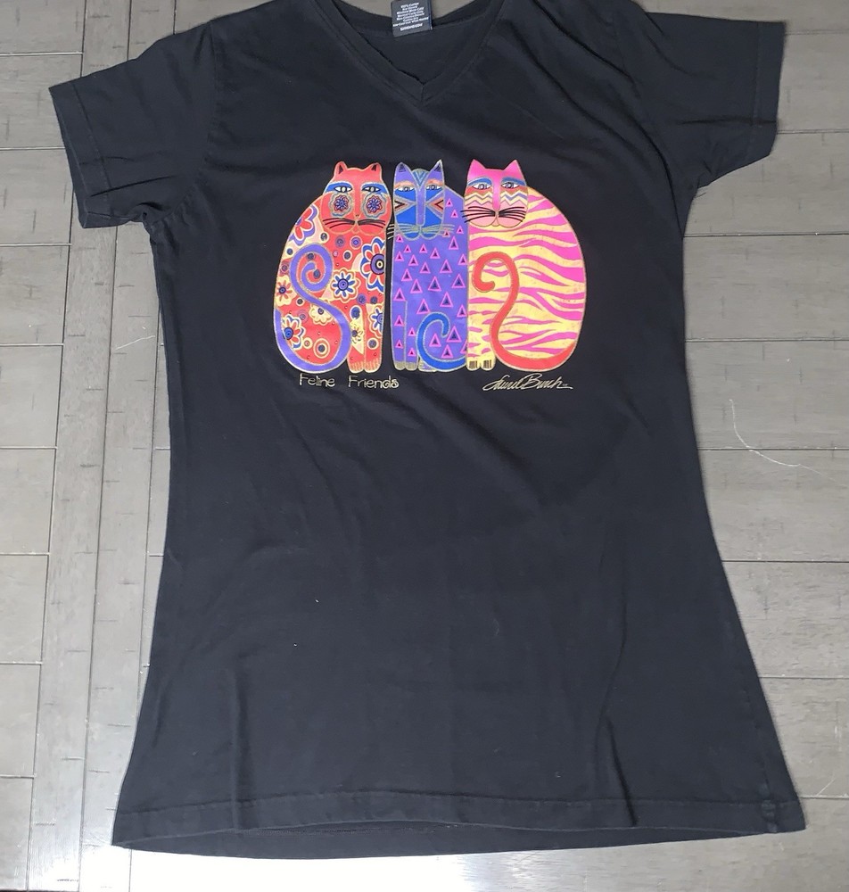 A8 VTG S/M LAUREL BURCH FELINE FRIENDS ARTISTIC CATS DRESS T-SHIRT BLACK USA