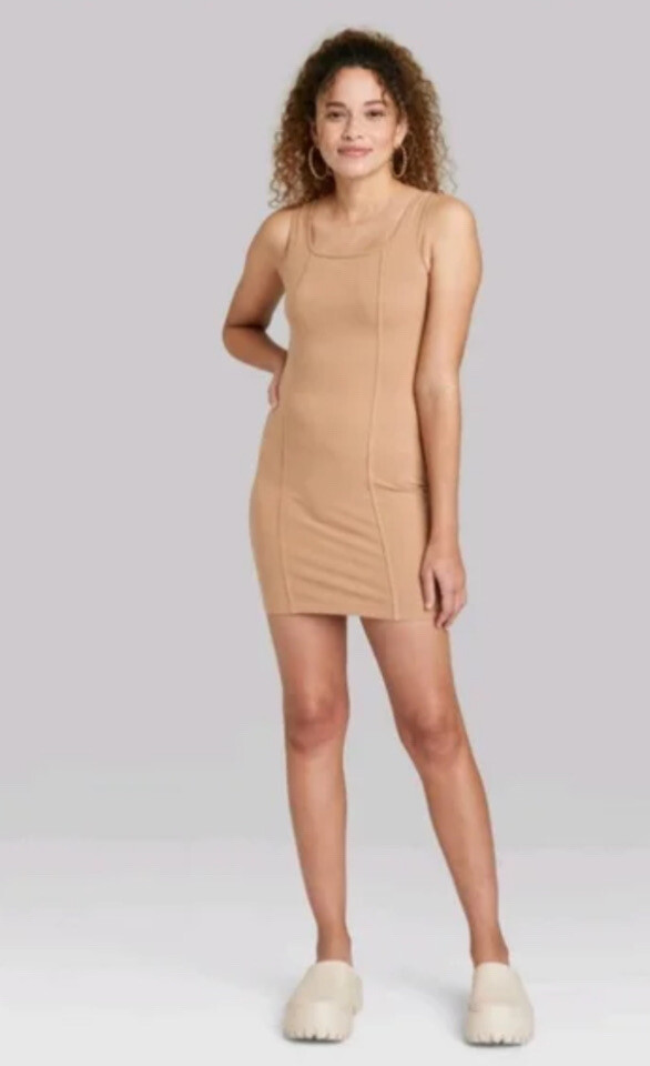 Wild Fable Women&rsquo;s Sz XXS Camel Beige Sleeveless Seamed Bodycon Dress New