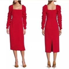 Antonio Melani Square Neck Long Ruched Sleeve Midi Sheath Dress Elegant Cocktail