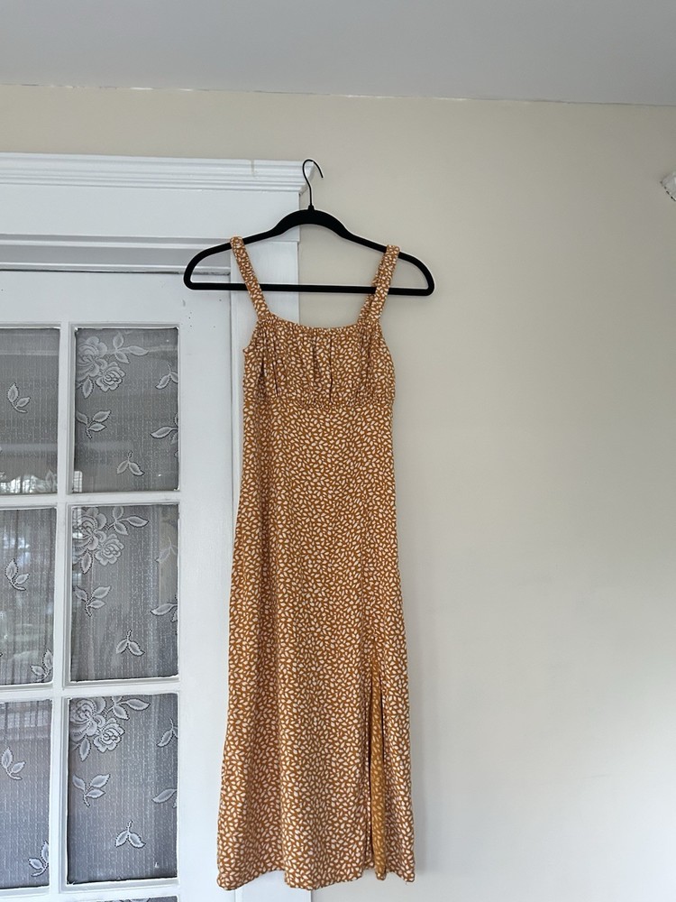 Yellow Ditsy Floral Sundress Midi Square Neck Ruched Bust Side Slit Small