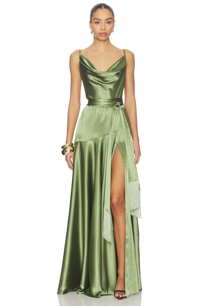 NWOT Bronx Banco Leo Sage Maxi Dress,Olive Green Satin Cowl Neck Gown, XS/S/M/L