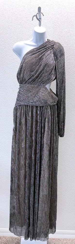 Luxxel Silver Metallic One Shoulder Cutout Maxi Dress Long Sleeve Size Large