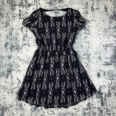 NEW Forever 21 Short Sleeve Dress Womens Sz S Navy Tribal Chiffon Mini Boho