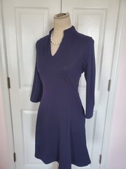 JUDE CONNALLY Elegant Split V-Neckline Dress 3/4 Sleeve & Pockets- Navy (Size M)