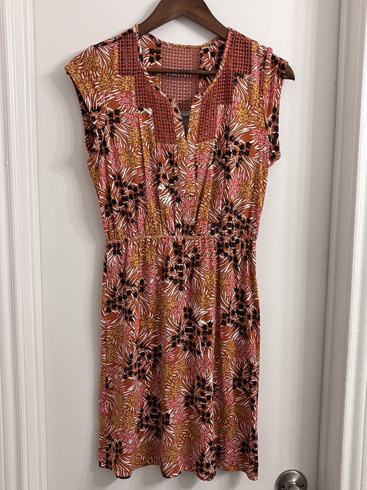 Daniel Rainn Floral Dress RXP Rust Orange Pink Boho Crochet Trim Rayon Lined