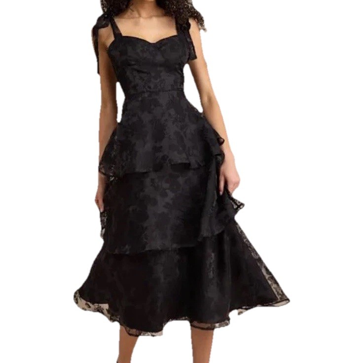 Lulus Medium Burnout Tie-Strap Bustier Midi Dress Polka Dot Tiered Black NWT