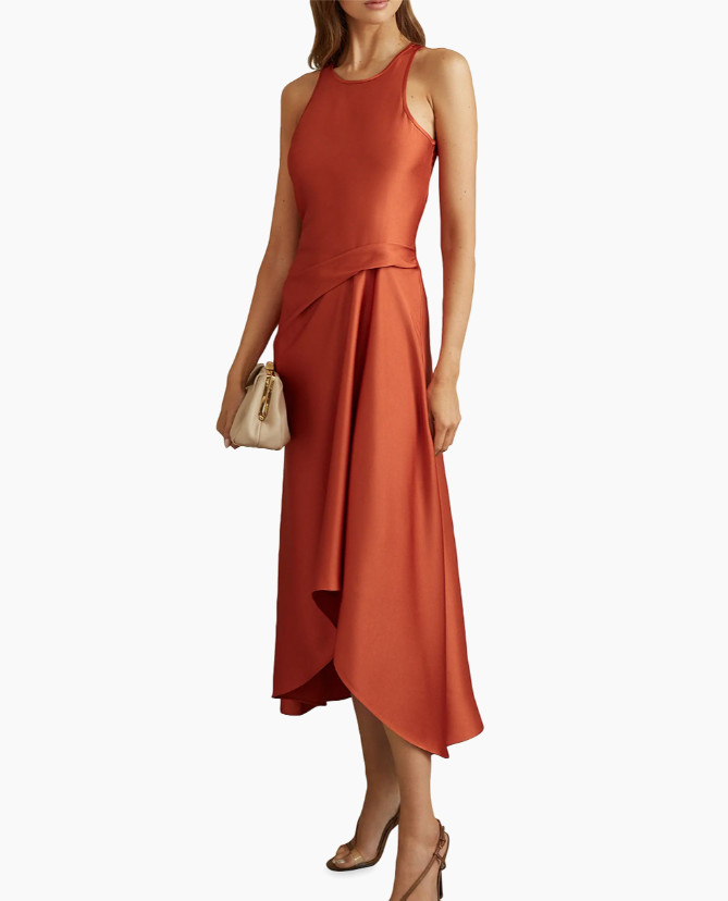 Reiss women&rsquo;s Micah Satin Drape Tuck Midi Dress – size 10 US / 14 UK – Rust