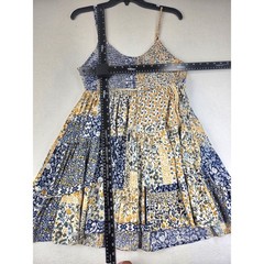 Angie Floral Patchwork Smocked Mini Dress Blue Yellow Boho Tiered Rayon Large