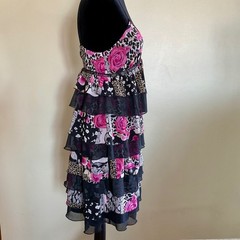 Floral Leopard Patchwork Tiered Ruffle Mini Dress Pink Black Animal Print Lace