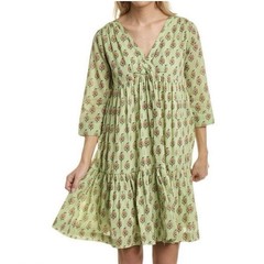 Roller Rabbit Women&rsquo;s Dress Green Cotton Floral Tiered Embroidered Size Large