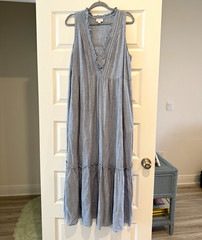J. Jill Tall Large Blue Linen/Viscose Solid V-Neck Sleeveless Ruffle Midi Dress