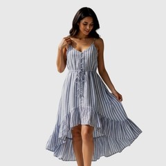 Favlux high-low dress sleeveless button up/Large/grayish blue+ivory stripe/lined