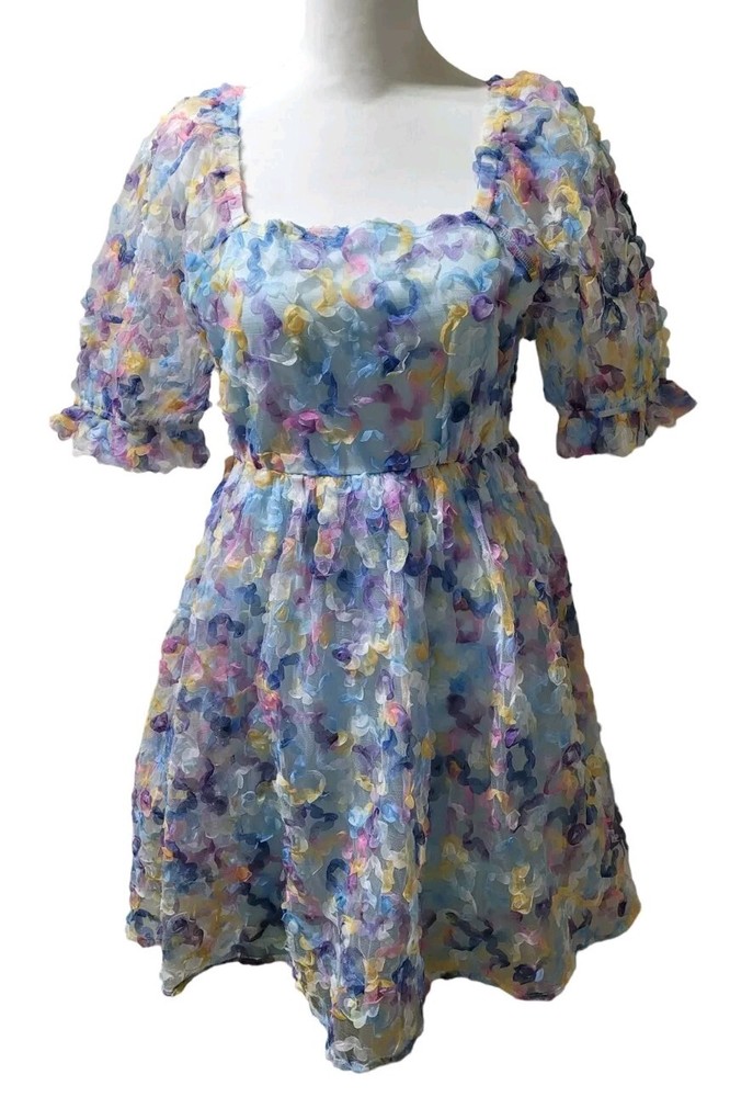 JODIFL Los Angeles Womens Size S Textured Floral Mini Dress Puff Elastic Sleeves