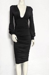 Women&rsquo;s S Black Solid Bodycon Knee Dress Long Sleeve V-Neck Ruched Zip
