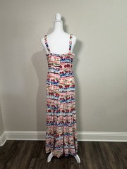 Mi Ami Women’s Size Med Pink Red Print Maxi Dress Sleeveless Rayon Tiered Ruffle