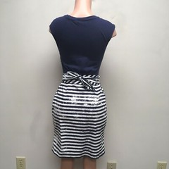 Little Yellow Button Blue Stripe Cap Sleeve Scoop Pleated Tie A-Line Dress XS