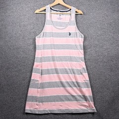 U.S. Polo Assn. Tank Dress Women Large Pink Grey Striped Pockets Sleeveless