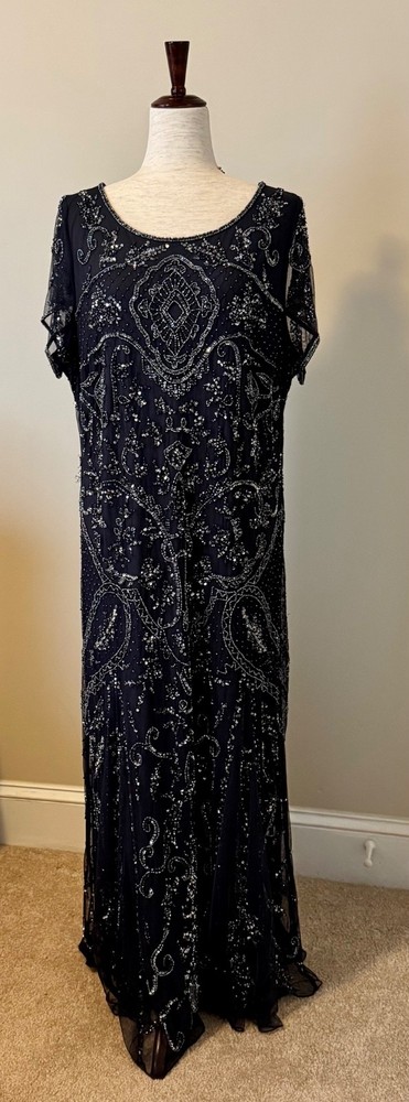 Pisarro Nights Navy Blue Beaded Sequin Mesh Gown Dress Size 16 Lined Art Deco