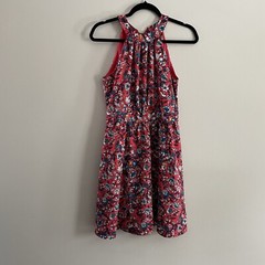Ann Taylor Loft Women SZ XS Red Floral Sleeveless Back Tie Neck Skater Dress