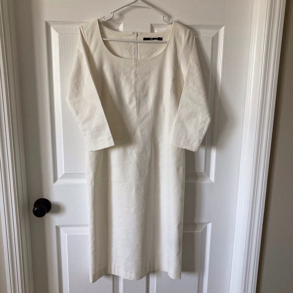 Jarbo Midi Dress, Linen/spandex. Zip. 3/4 Sleeves. Luxury, Classic, Fitted. S 36