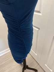 Fashion Blue Solid Bodycon Mini Dress Ruched Stretch Boat Neck Long Sleeve S