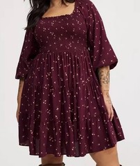 NWT Torrid Plus Size 4X Wine Smocked Bodice Mini Dress Floral Puff Sleeve $76