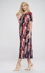 JOSTAR PATRIOTIC RED NAVY LONG DRESS Slinky Poly Spandex Knit S M L XL 2X 3X