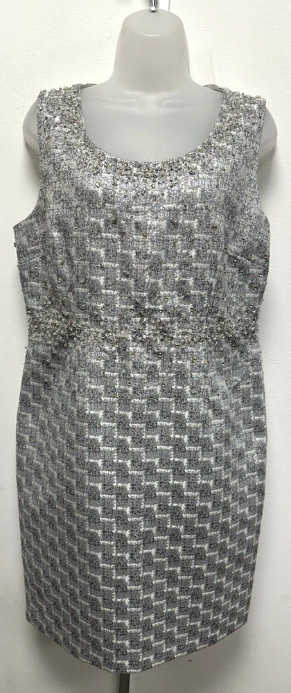 Jacques Vert UK14P silver metallic & white beaded sleeveless occasion wear dress