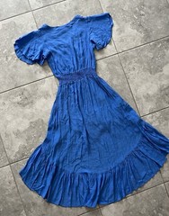 Walker Wade Smocked Short Flutter Sleeve Hi Low Midi Dress Resort Blue New S