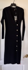 NWT $295 Elie Tahari noir black The Casey knit Sweater Midi Dress gold buttons M