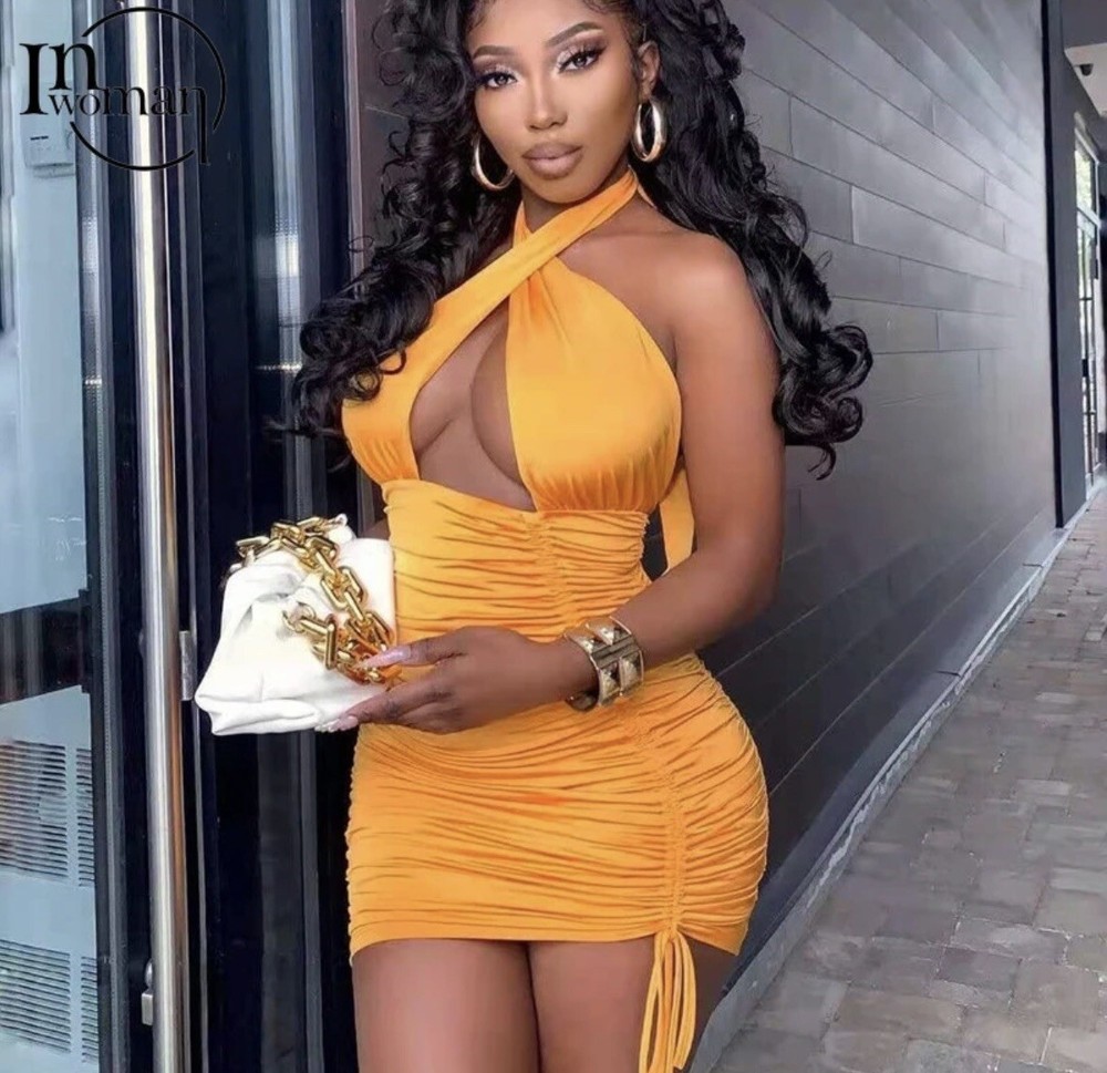 TRESSER Women’s Fashion Boutique Orange Halter Ruched Sexy Club/Party Mini Dress