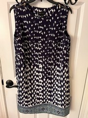 AB Studio Navy White Abstract Sheath Dress Gold Shoulder Zips Size 12