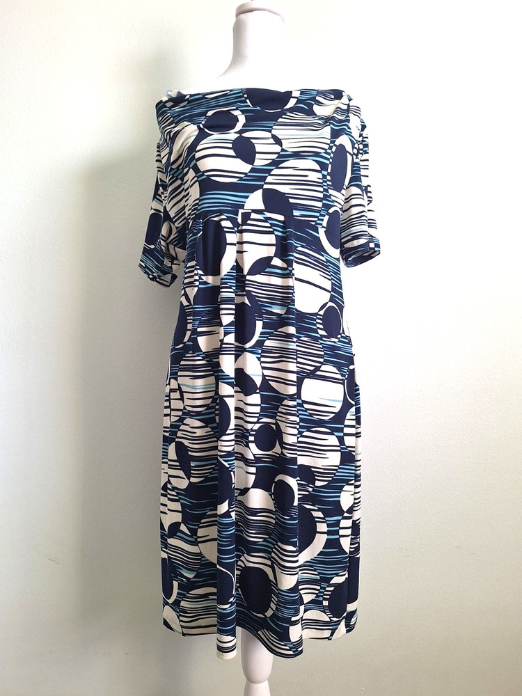 ASSA Women&rsquo;s XL Blue White Geometric Circle Print A-Line Midi Dress 4