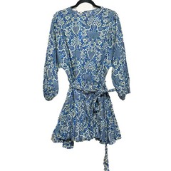 RHODE Floral Print Dress Blue Cream Feminine Ruffle Cotton Beach Vacation Sz Med